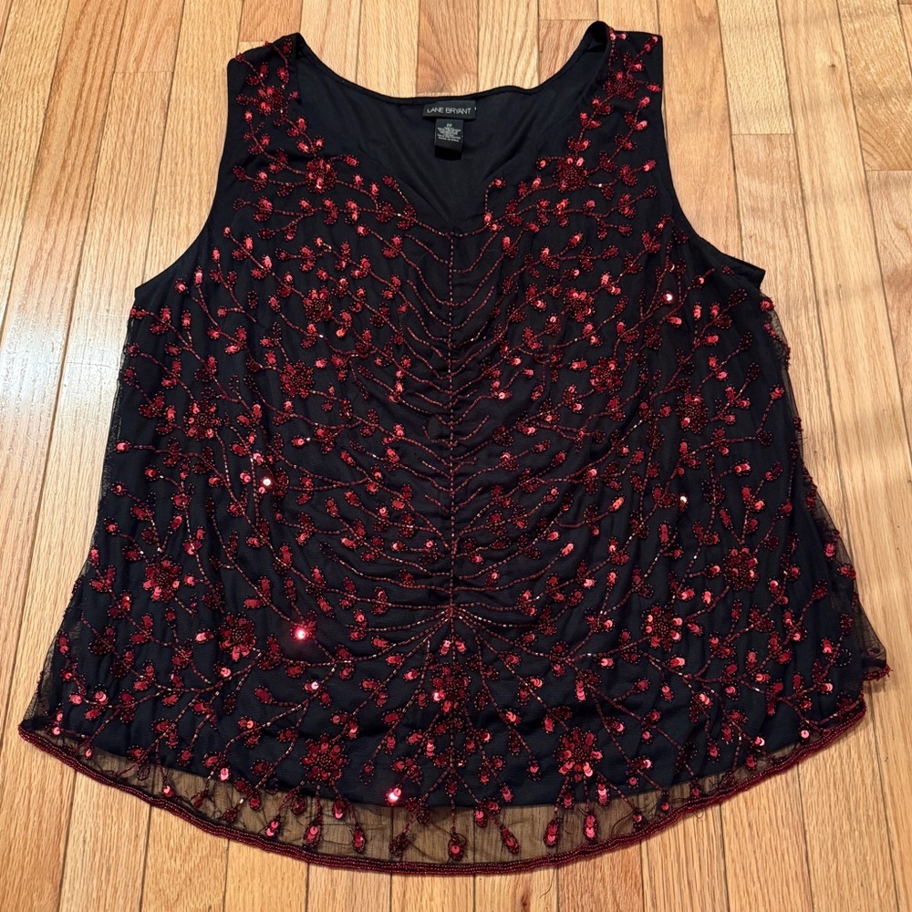 Lane Bryant Black Blouse with Red Sequins Tank Sheer Overlay great gatsby